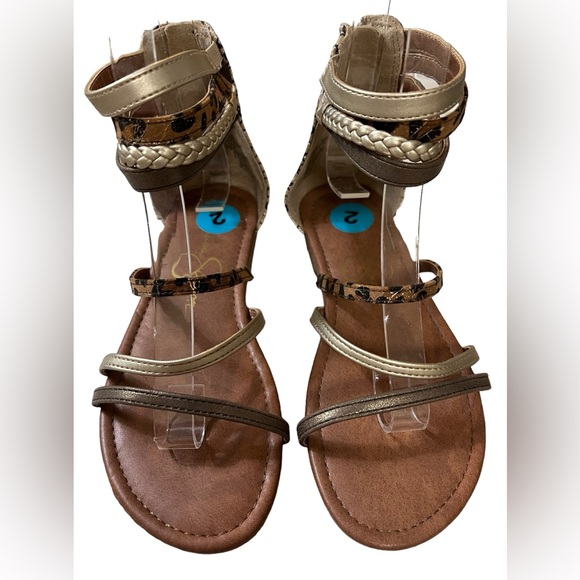 Jessica Simpson Animal Print Gold Brown Strappy Flats Sandals Size 2 - Picture 3 of 8